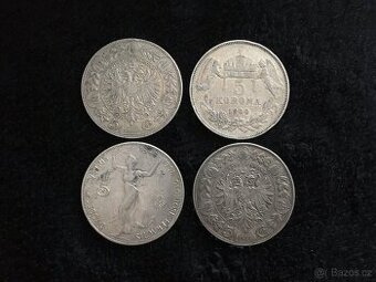 4 kusy stříbrných 5 korun RU F.J.I., každá mince jiná