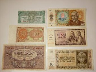 BANKOVKY 10 KČS 6 RŮZNÝCH EMISÍ, VŠE NEPERFOROVANÉ
