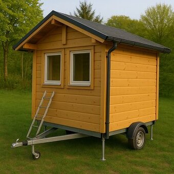 Mobilní dřevěný domek 2,5 × 2,5 m – pojízdný, nový