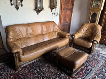 Rustikální kožená sedací souprava 3+1+taburet,3079