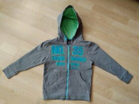 šedo tyrkysová propínací mikina s kapucí - vel. 110-116