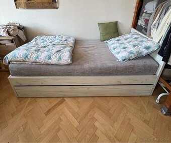 Postel jednolůžko bílá se vzorem dřeva se šuplíkem