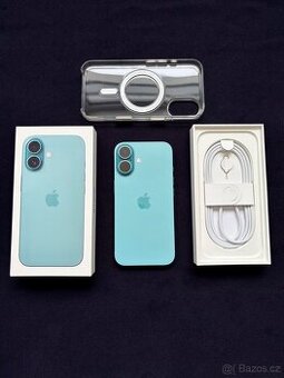 Prodám iPhone 16, 128GB, modrozelený, záruka do 20. 9. 2026