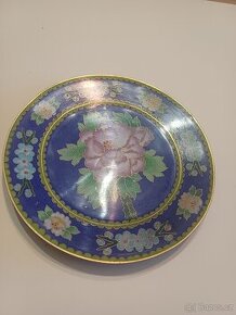 Starožitný mosazný talíř s glazurou ,orientální motiv - 1