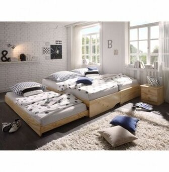 Postel, rozkládací dřevěná postel na tři lůžka