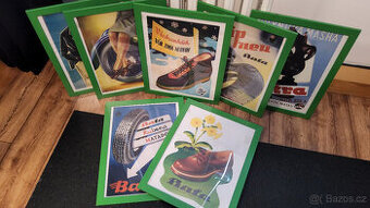 Reklamní plakáty firem Baťa, orámované, sada 7 ks