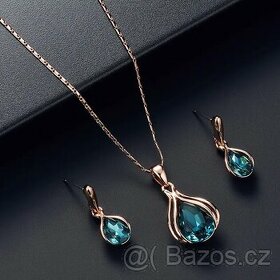 Krásný pozlacený set, náhrdelník + náušnice v modré barvě. - 1