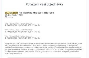 REZERVOVÁNO - Prodám 1x Billie Eilish vstupenku do Prahy