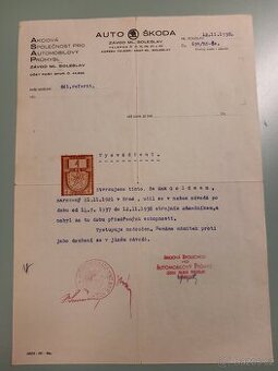 ASAP - Auto Škoda - vysvědčení z roku 1938