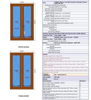Dvoukřídlé okno zlatý dub 1000 mm x 1570 mm