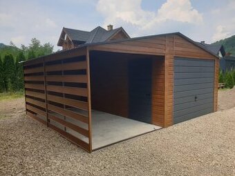 Plechová garáž 6x6m – Zlatý dub světlý/grafit tmavý matný