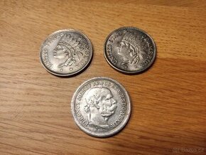 3 Mince s nápisem 1 korona 1900, dollar 1851