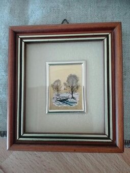 Umělecká litografie na zlaté fólii v dřevěném rámečku - 1