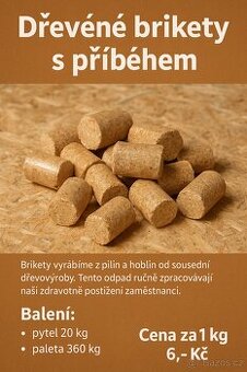 Dřevěné brikety Chomutov – čisté piliny, 6 Kč/kg