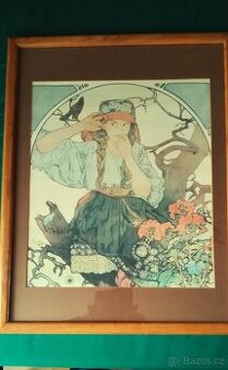 Mucha plakát zarámovaný a pod sklem v dubovém rámu,