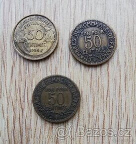 mince 50 centimes 1923, 1927, 1938, za ks