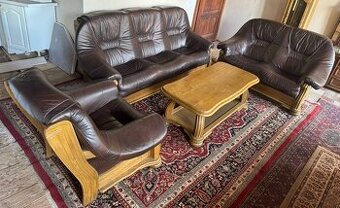 Rustikální kožená sedací souprava se stolkem, 4973