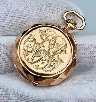 18K CELO ZLATÉ KAPESNÍ HODINKY S MONOGRAMEM - FUNKČNÍ