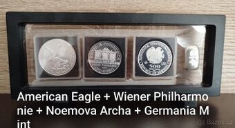 Set 3 ks Ag investičních mincí + 1 ks slitek Germania Mint.