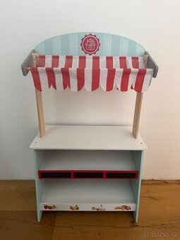 Dřevěný dětský obchod + divadlo 2v1 (tabule na křídu, opona)