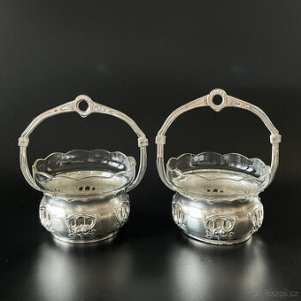 2x starožitný košík, bonboniéra, alpaka a sklo