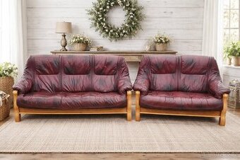 Kožená sedací souprava 3+2 s mas.dubovým dřevem