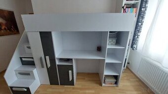Dětská vyvýšená postel se stolem, skříní a schody- TOP stav