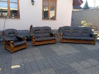 Kožená sedací souprava 3+2+1 s masivním dubovým dřevem