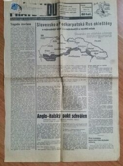 Staré noviny s vyhláškou Říš.protektora, okleštění Slovenska
