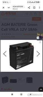 AGM BATERIE Green Cell VRLA 12V 18Ah Nová. Záložní zdroj..