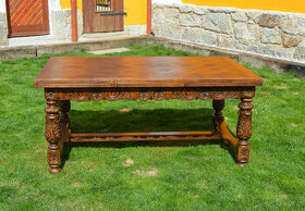 Masivní dubový rozkládací stůl s řezbou - délka až 280 cm