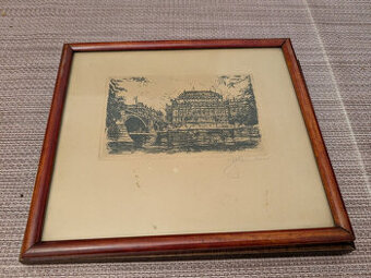 Zarámovaná grafika Praha – Národní divadlo (signováno), retr