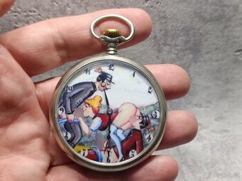 Velké 54mm švýcarské kapesní hodinky DOXA erotický motiv