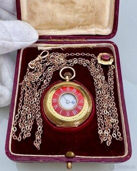 18K ZLATÉ KAPESNÍ HODINKY - MLYNÁŘKY SE SMALTEM V ETUI