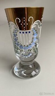 Ručně malovaná skleněná váza – zlacený okraj, české sklo, re