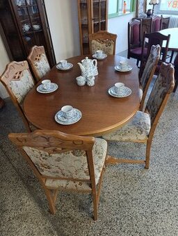 Rustikální jídelní set, rozkládací stůl, 6 židlí, masív