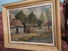 Obraz vesnických domků - olejomalba na desce - K. Marek