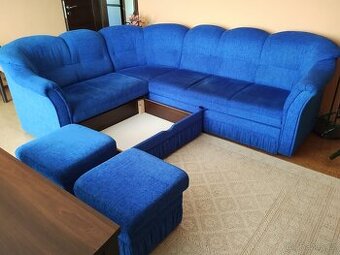 Rohová sedací souprava, levá + dva taburety, modrá