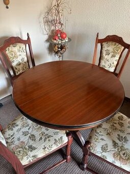 Stůl kulatý jídelní, rozkládací a 4 židle - masiv