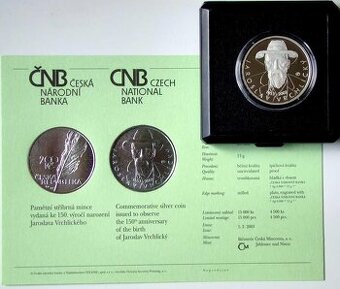 200 Kč 2003 – Jaroslav Vrchlický,Proof,etue, cert. ČNB