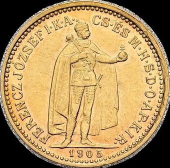 Zlatá mince - 10 koruna F.J.I. ročník 1905 KB