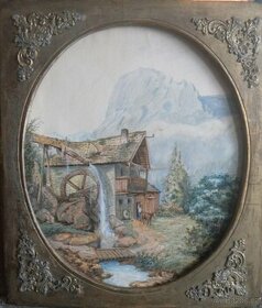 Jan Novopacký - krajina s mlýnem - akvarel.