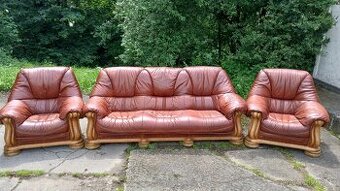 Kožená sedací souprava 3+1+1 s masivním dřevem