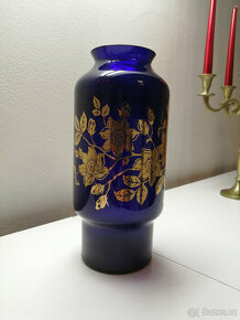Váza z modrého skla se zlatým dekorem - 1
