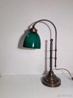 mosazná lampička, lampa, zelené stínidlo, bankéřka