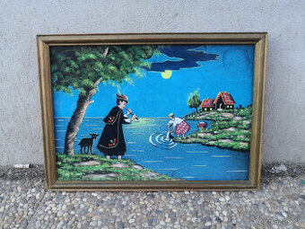 Starožitný obraz maľba na textile zarámovaný zo sklom 25,9x