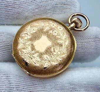 14K ZLATÉ KAPESNÍ HODINKY REMONTOIR S FLORÁLNÍM MOTIVEM