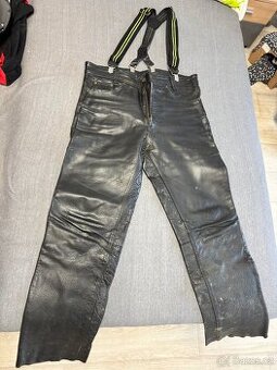 Kožené moto kalhoty vel. 36 – pravá kůže + kšandy Kawasaki