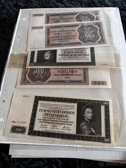 Cca 30 archů s bankovkami, mince i znamky