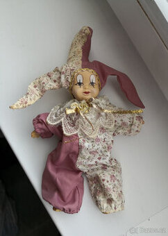 Stará zberateľská bábika harlekin 24,5cm